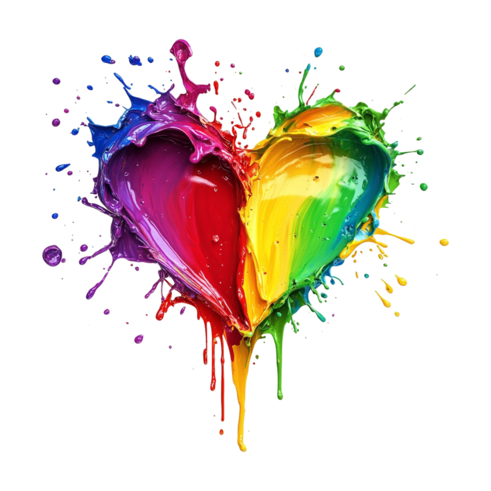 heart of color, rainbow paint splashes, heart shape, transparent background png