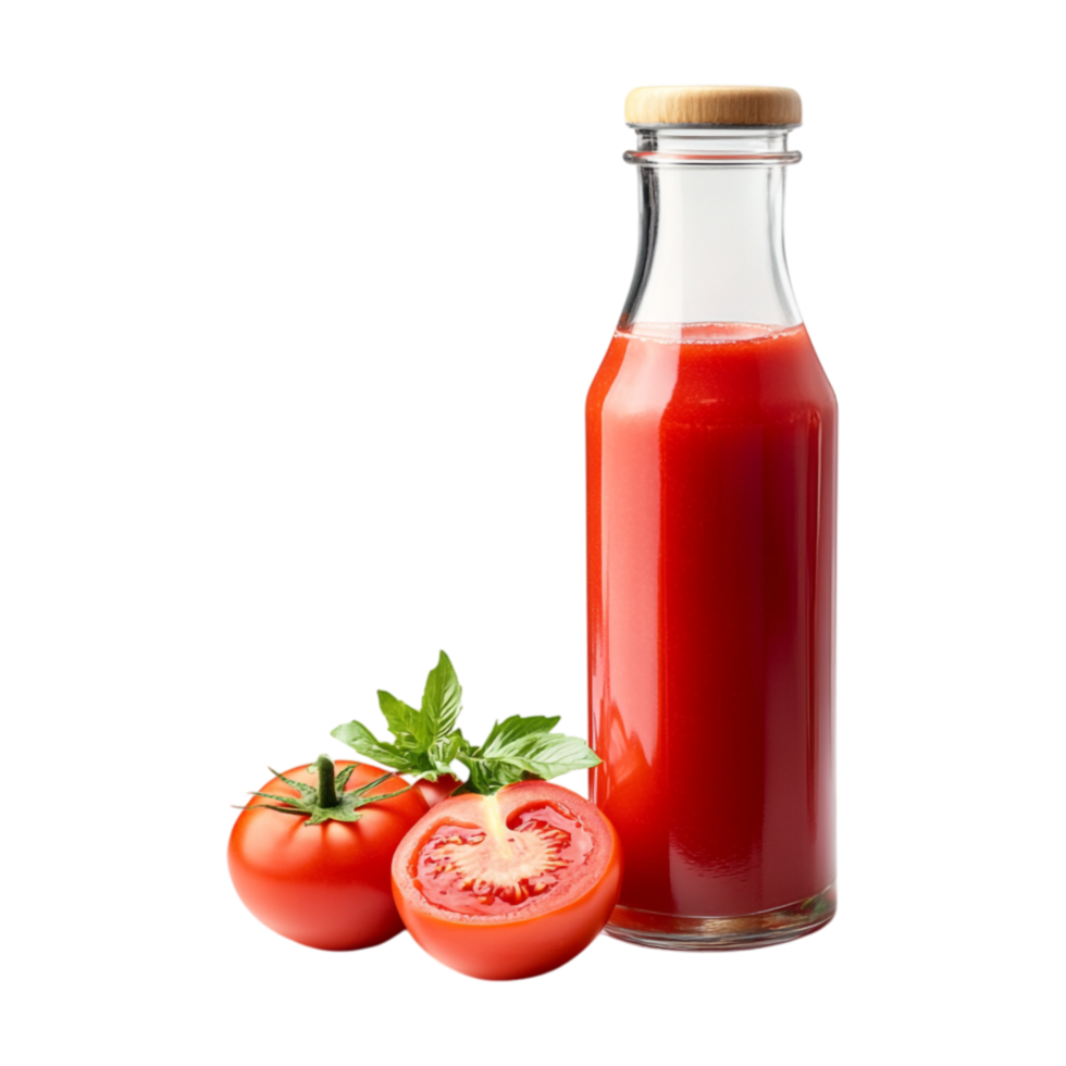 tomato juice in glass bottle and tomatoes on transparent background png