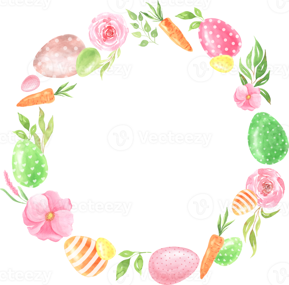 Watercolor easter frame with eggs, flowers and nature elements png
