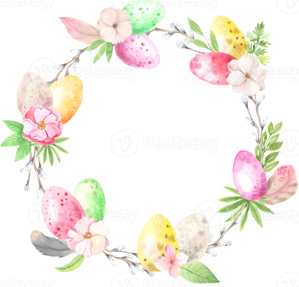 Watercolor easter wreath with eggs, flowers and decorative elements png