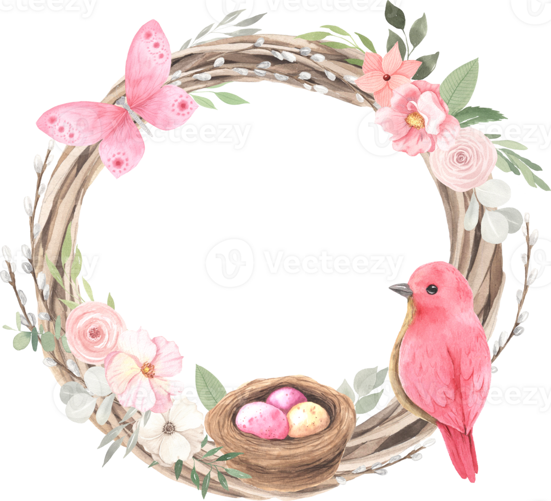 Watercolor easter frame with bird, eggs, flowers and decorative elements png