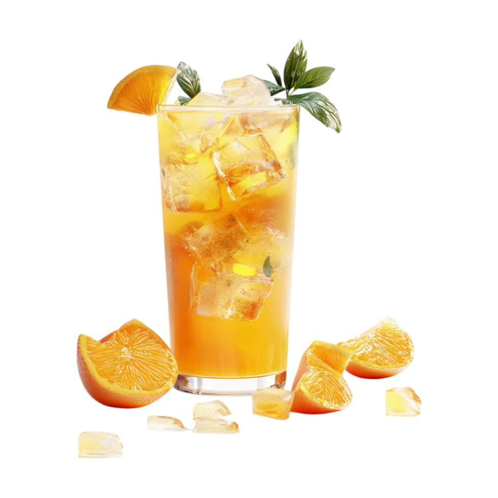 orange juice with ice cubes and oranges on a transparent background png