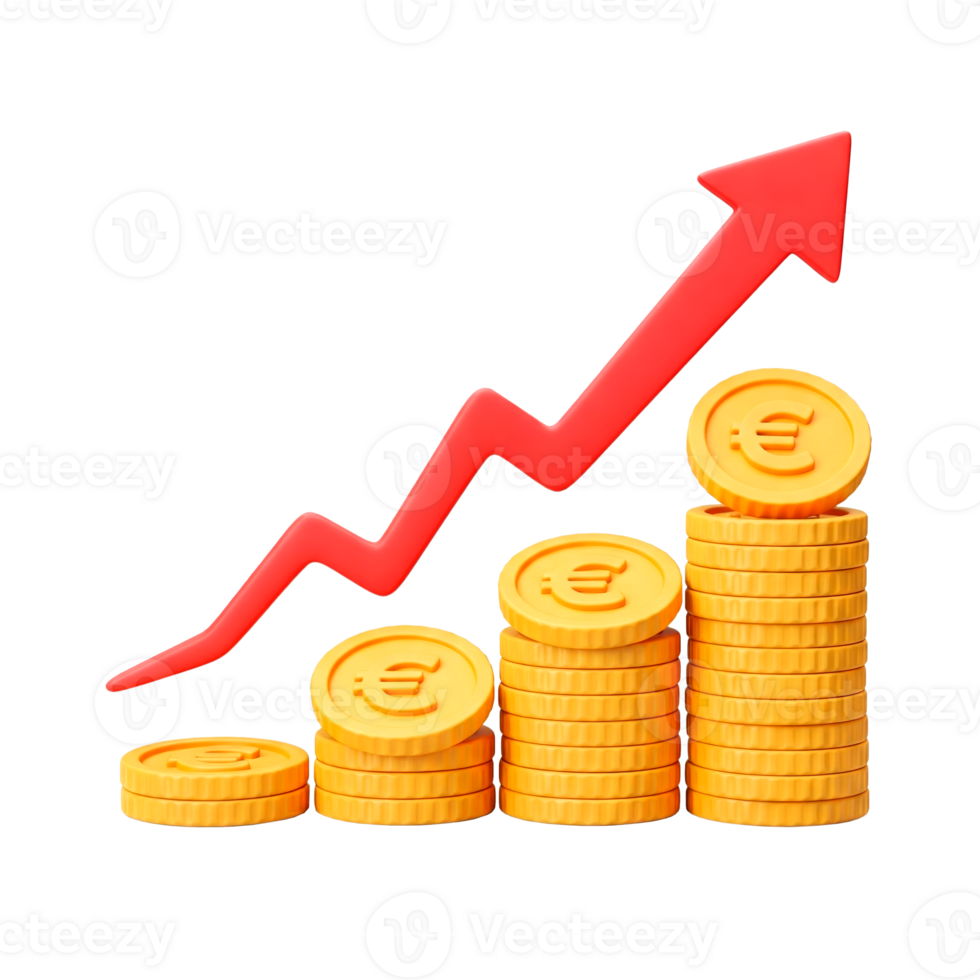 Stacks of euro coins and rising red arrow showing a chart with increasing profits cut out png