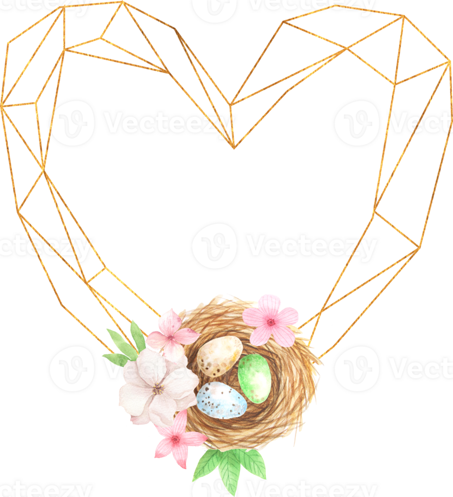 Watercolor easter heart frame with colorful eggs, flowers and decorative elements png