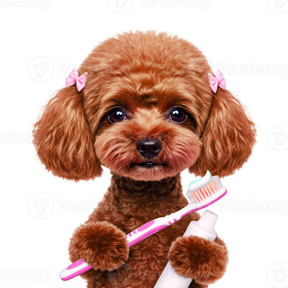 Brown poodle puppy holding a toothbrush with toothpaste promoting pet oral hygiene cut out png