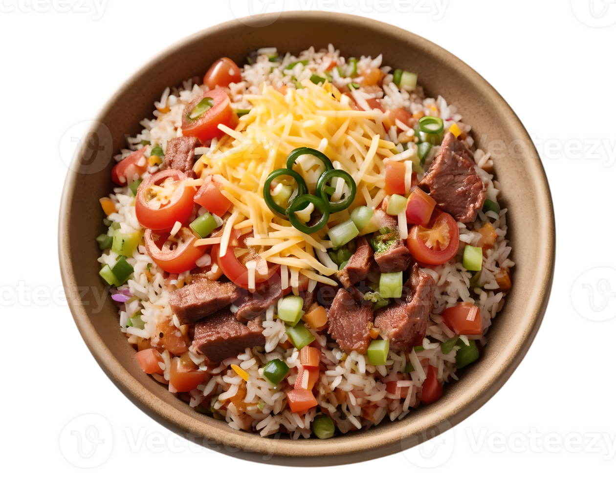 A bowl of fried rice with meat and vegetables on a bowl. png