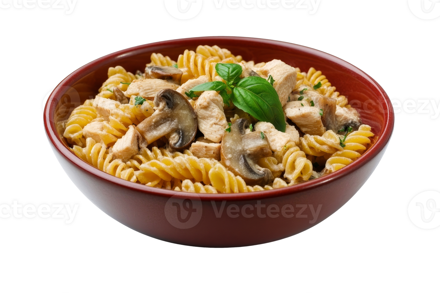 Mouthwatering fusilli pasta dish featuring tender chicken and savory mushrooms in a bowl png