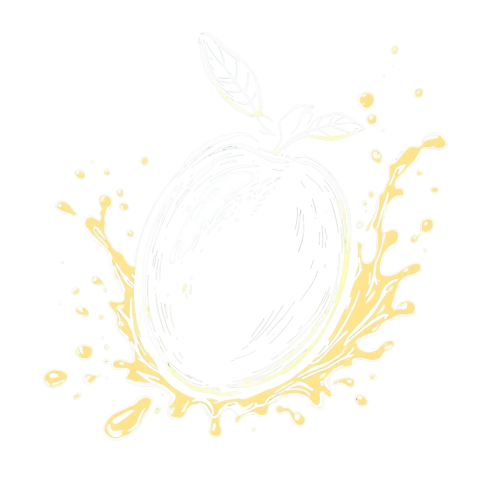 A dynamic doodle outline of a mango with juice splashes around it png