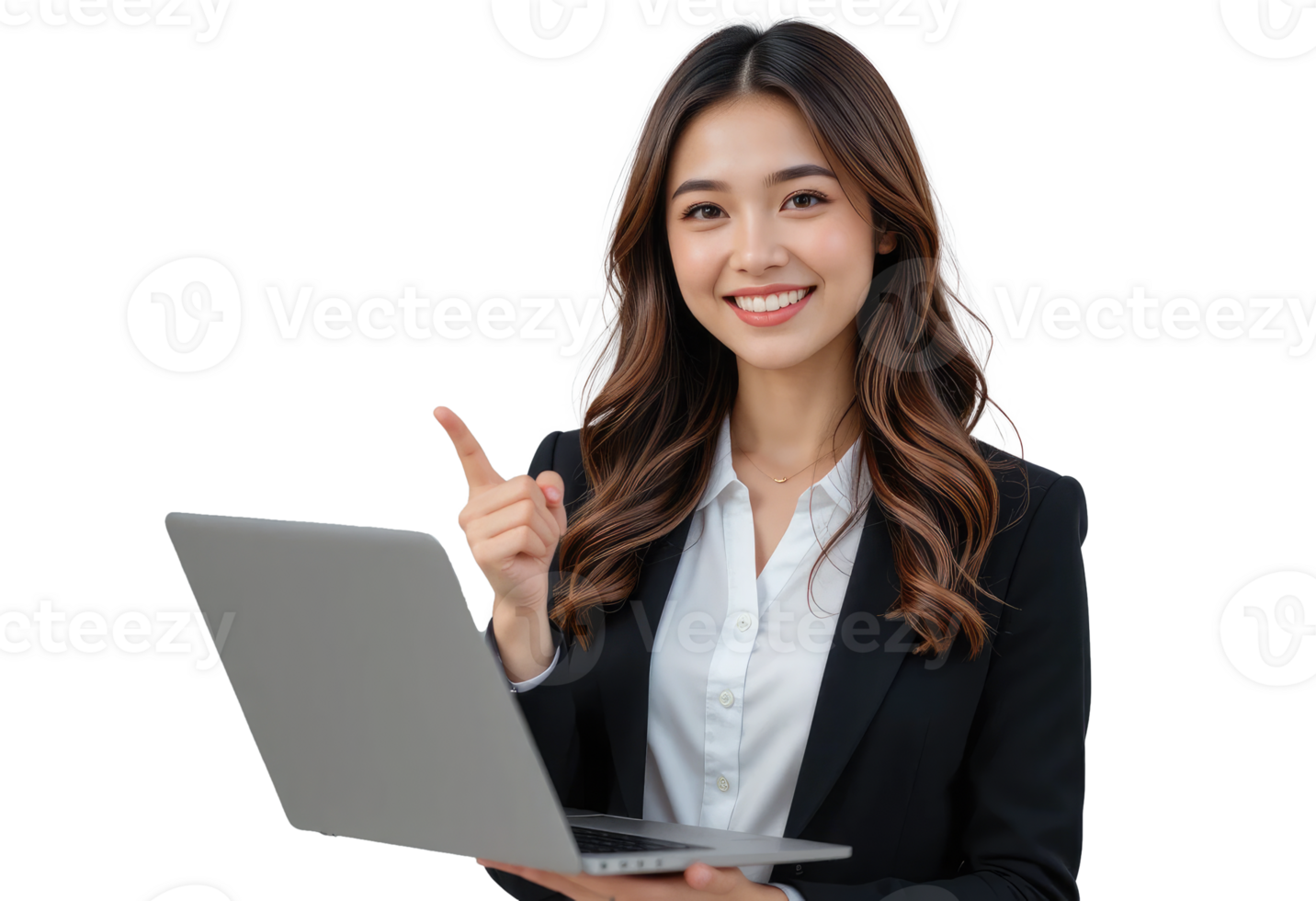 Smiling Female Professional Indicating Text Area, High-Resolution . png