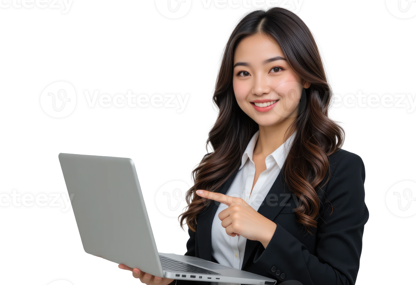 Woman in Formal Attire with Laptop and Copy Space, Clipart. png