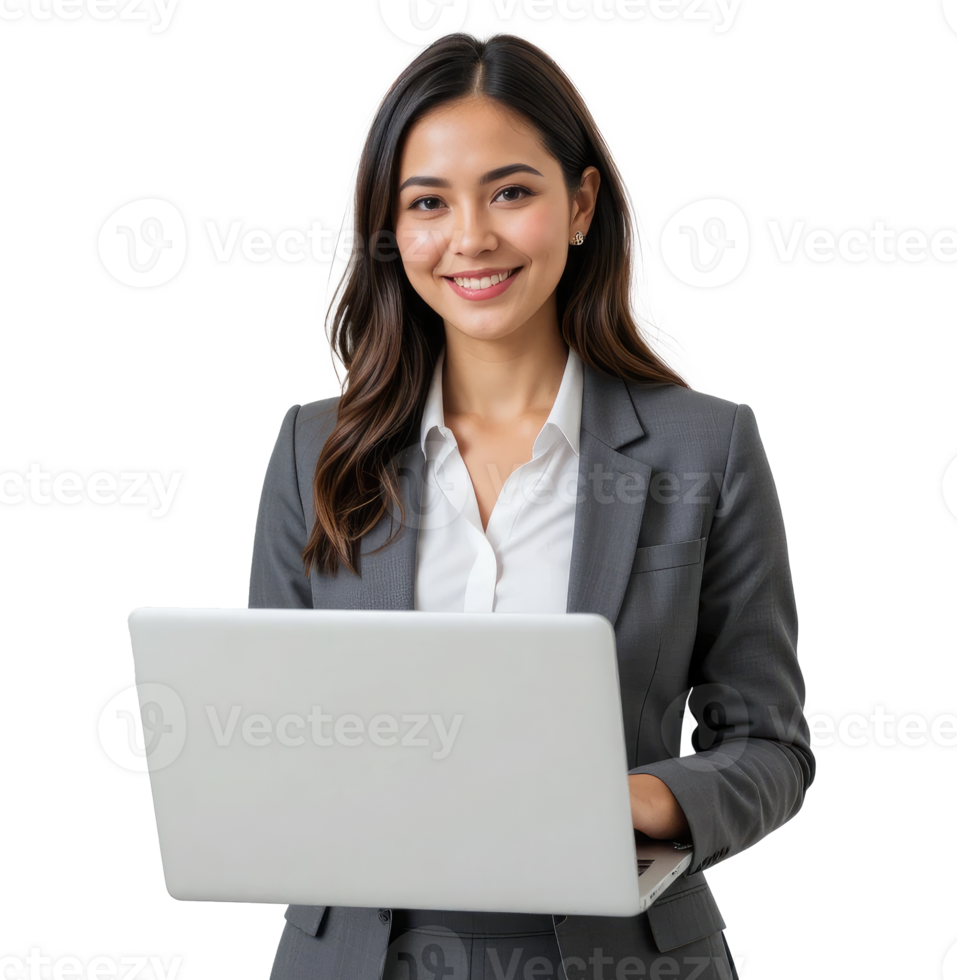businesswoman with a laptop standing at copy space on a transparent background. png