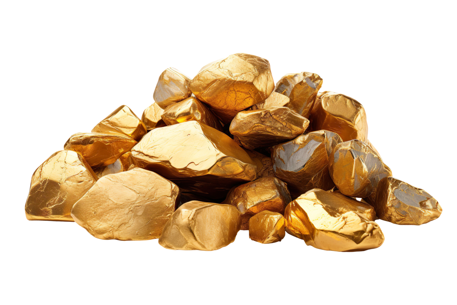 a pile of gold rocks or nuggets isolated on clear white background png