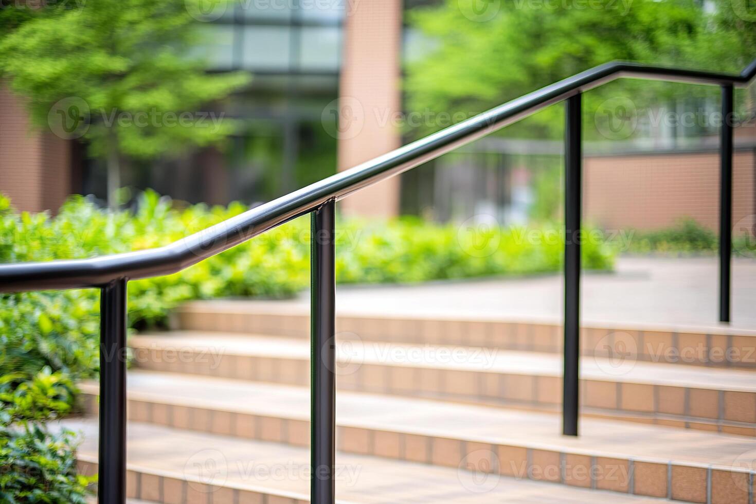 Modern handrail and steps in urban park with greenery, safety features on stairs. photo