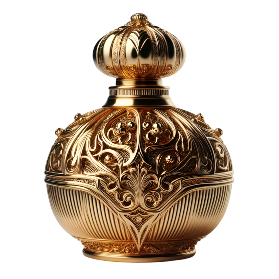 Luxury Golden Perfume Bottle with Intricate Patterns png