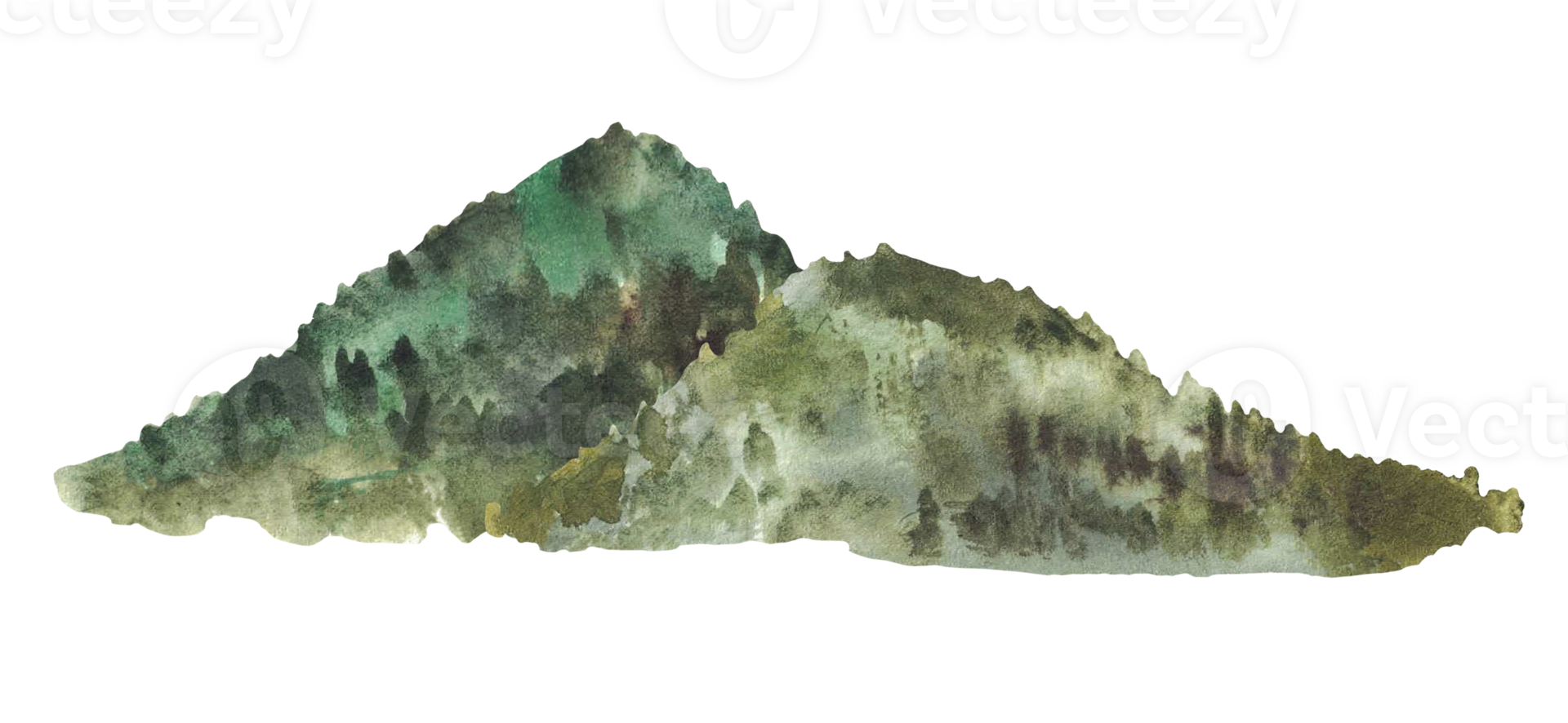 Watercolor forested mountains, hills, silhouettes of distant trees for landscape design. Green, brown nature mountainous landscape. Hand drawn isolated from background illustration for your postcard png