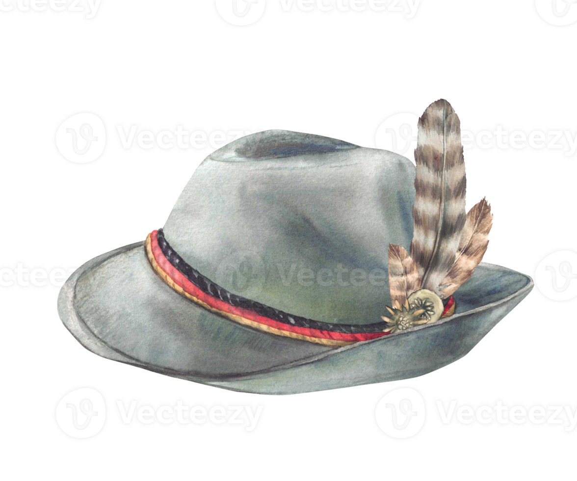 Bavarian Hat with feathers and a brooch. Three ribbons color of German flag gold, red, black strips. Watercolor painted illustration isolated from background. Traditional mens Headwear on Oktoberfest. png