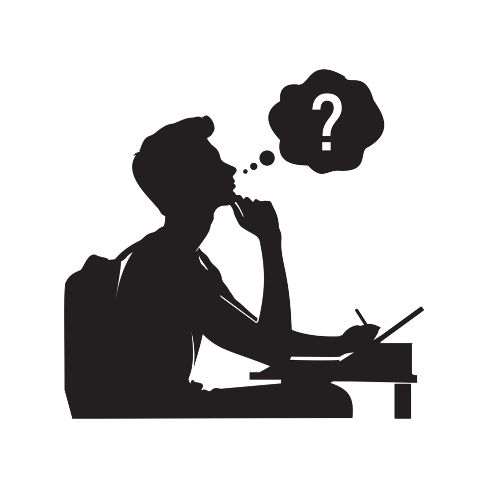 Silhouette of a young man pondering with a book and a question mark png