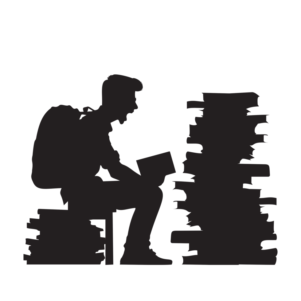 A student screams angrily from the stress of studying, and in front of him is a pile of books. png