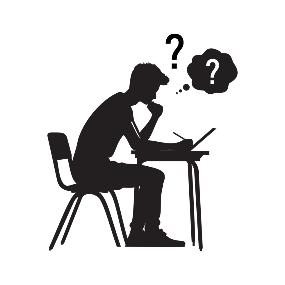 Silhouette of a young man pondering books and a question mark png