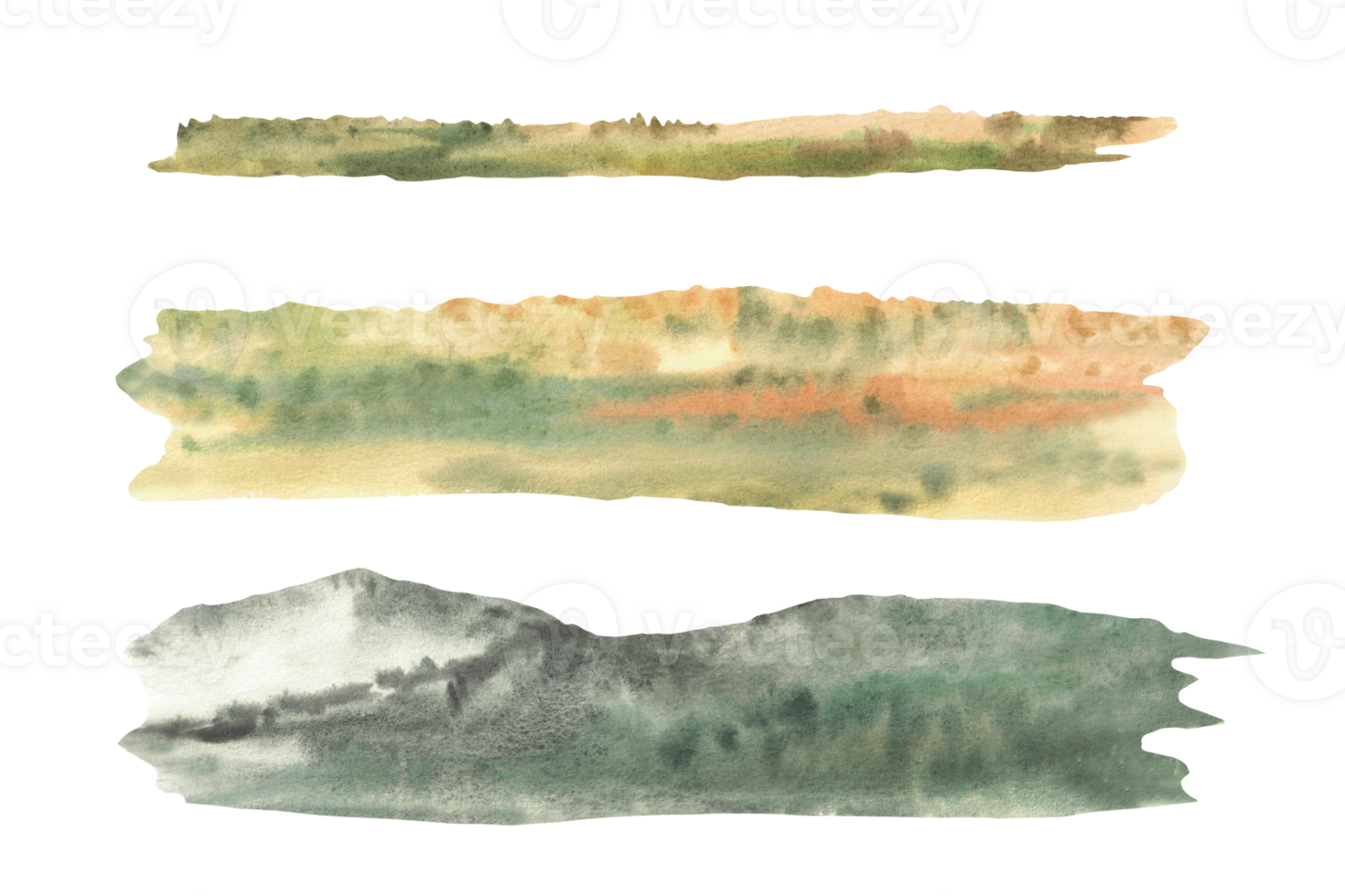 Watercolour fields, silhouettes of distant trees, hills or the mountains on the horizon for landscape Yellow, green, orange horizontal gradient. Hand drawn isolated from background illustration png