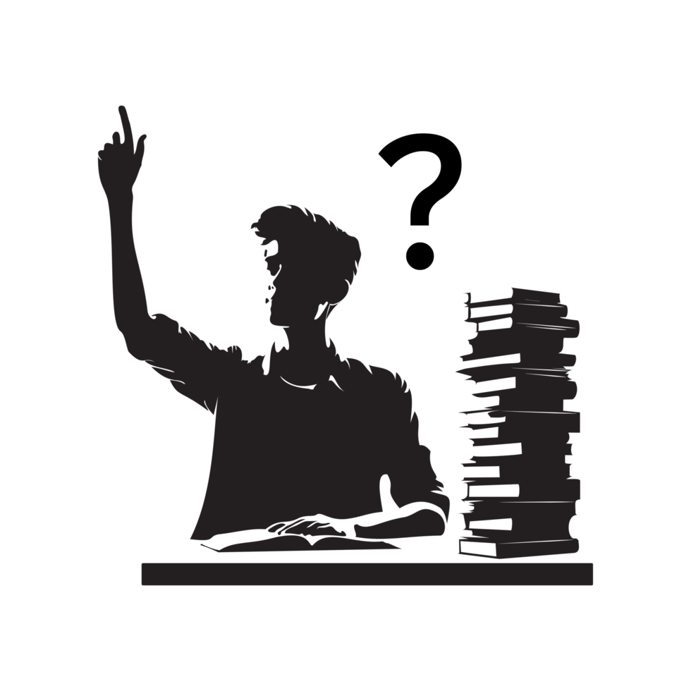 Student raising hand with question mark above books png