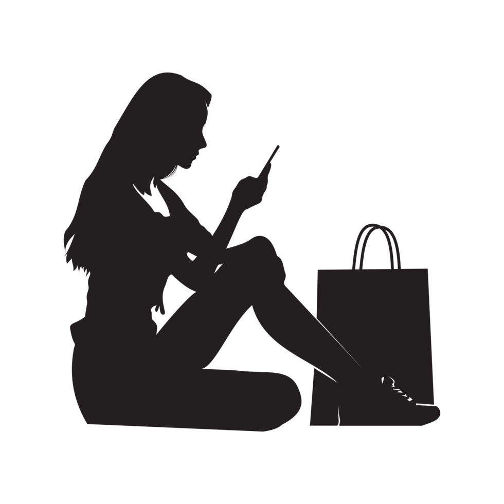 A young girl sitting holding a mobile phone to order, and next to her is a shopping bag png