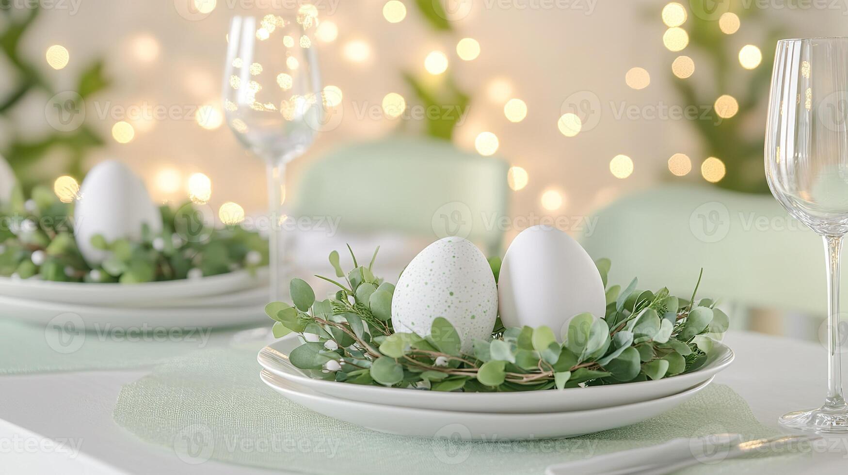 Elegant easter table setting with decorative eggs and greenery. photo