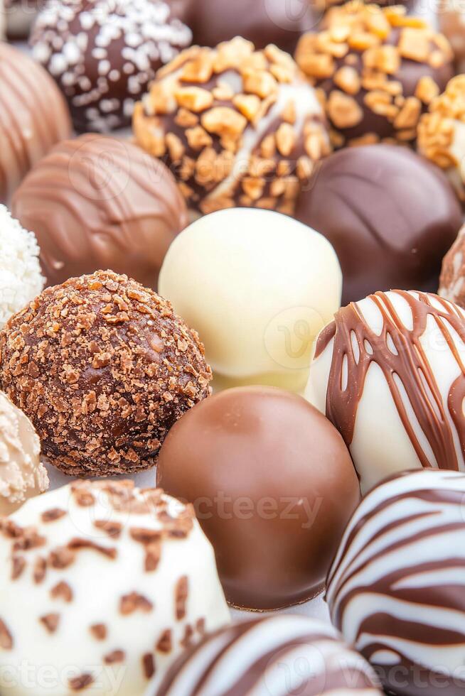 Assorted chocolate truffles with nuts and sprinkles close up. photo