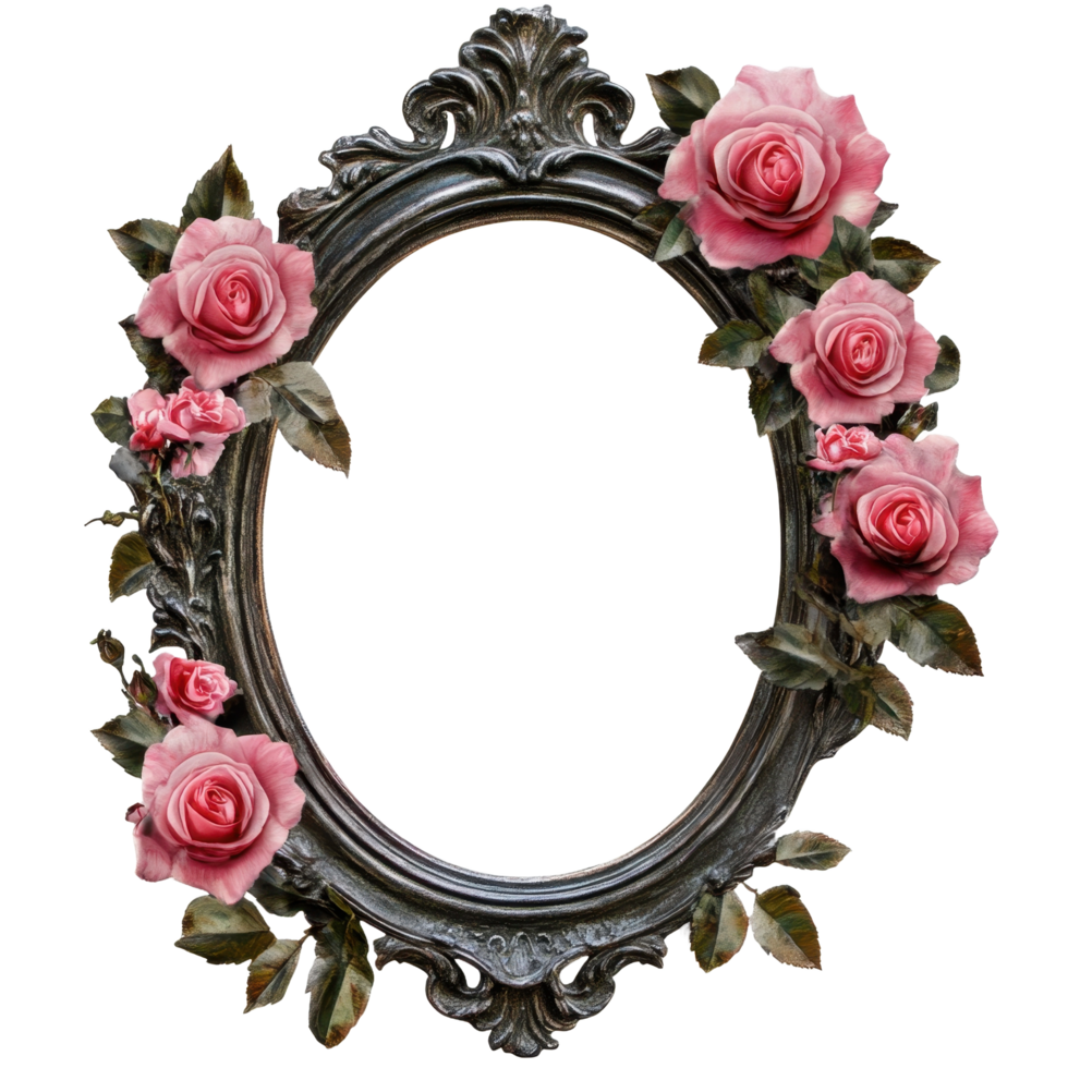 Ornate oval mirror frame decorated with pink roses and leaves png