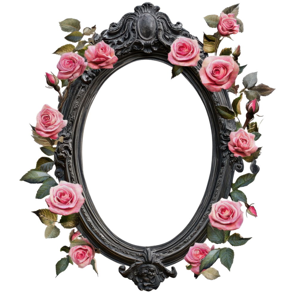 An elegant oval ornate picture frame adorned with pink roses png