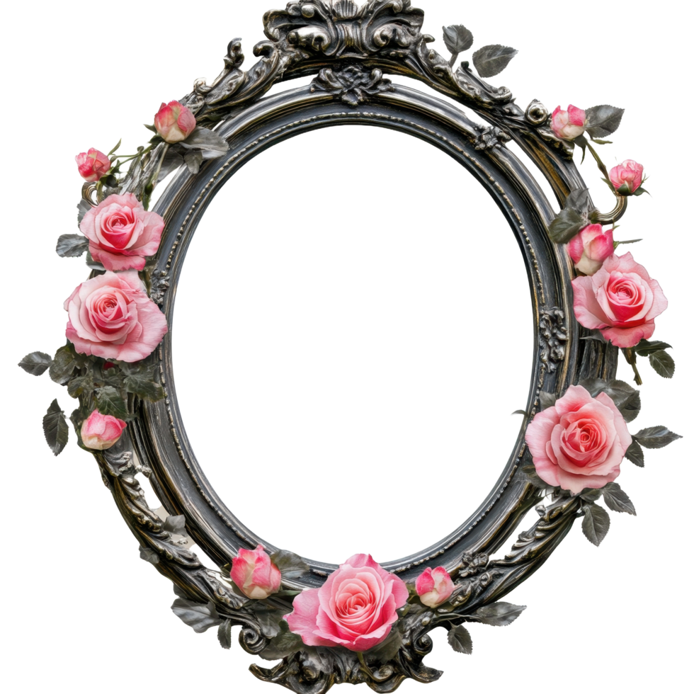 An ornate oval frame decorated with pink roses and foliage png