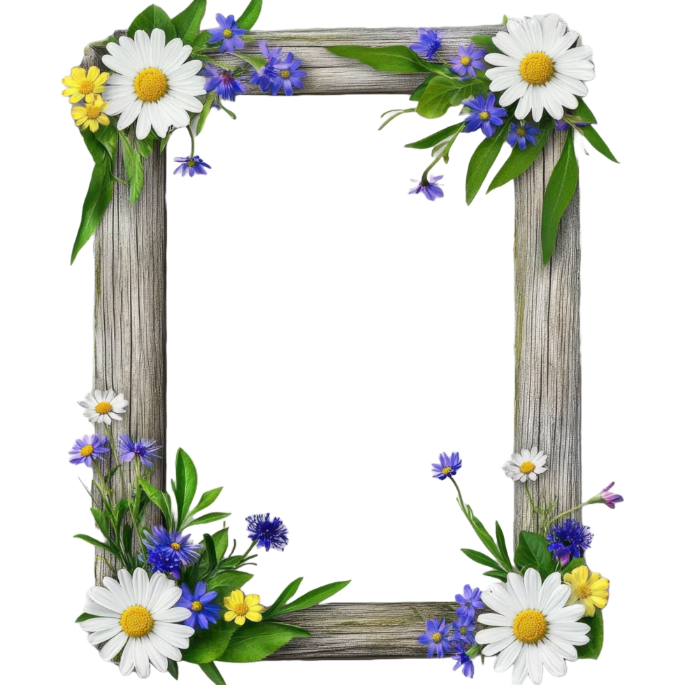 A rustic wooden picture frame decorated with various colorful flowers png