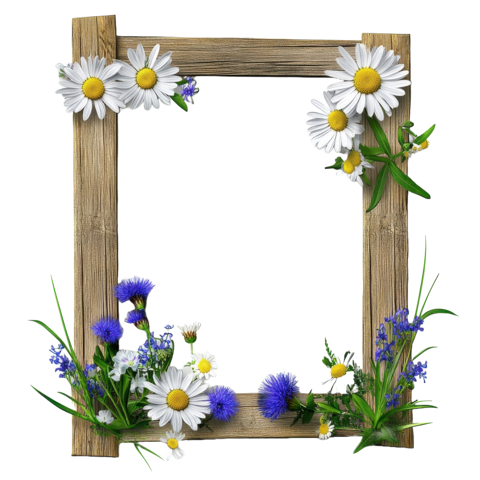 A rustic wooden frame adorned with daisies and other wildflowers png