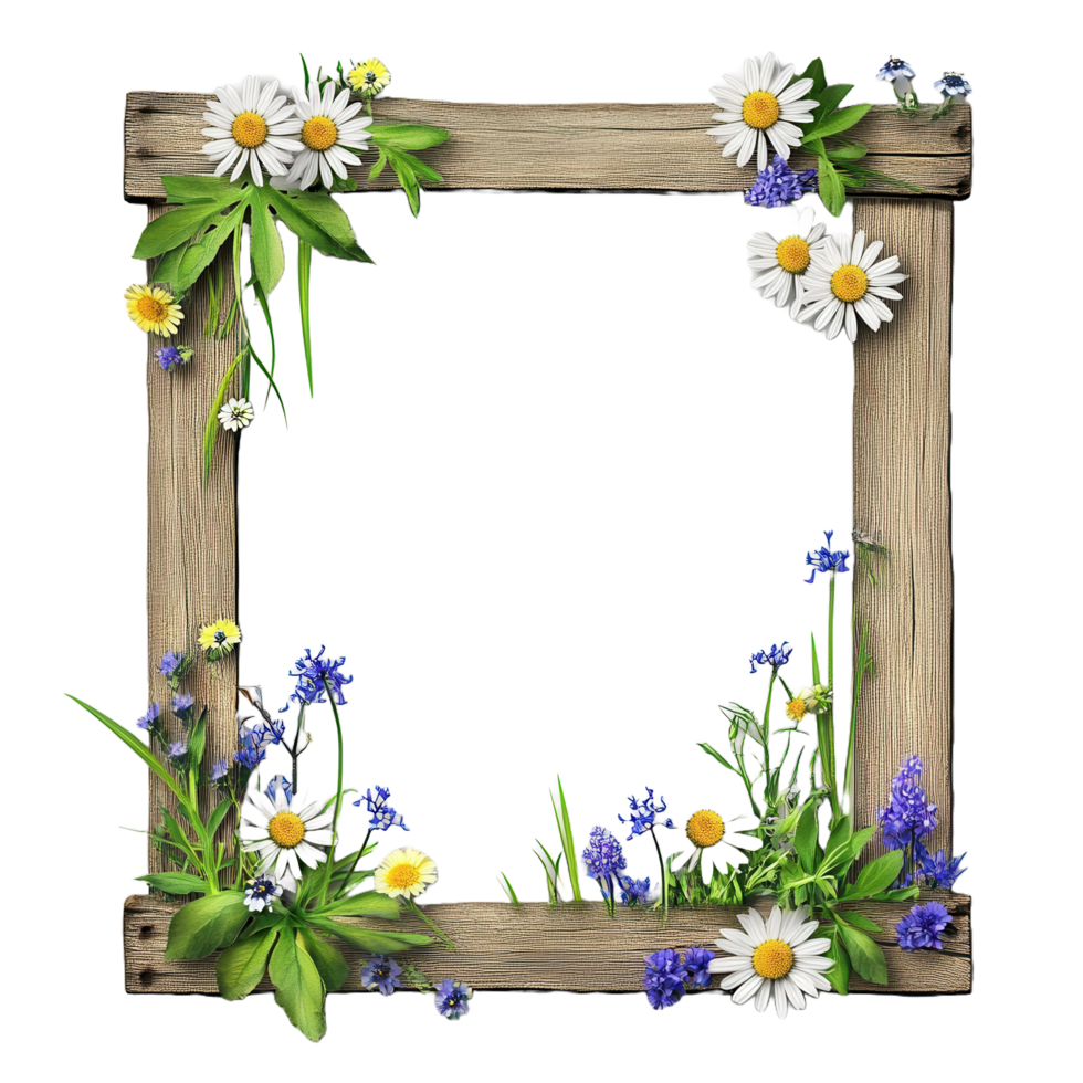 Wooden Picture Frame Decorated with Daisies and Blue Flowers png