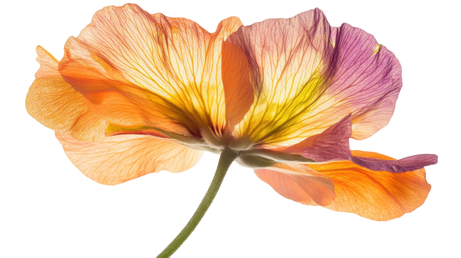 A close up macro photograph of a colorful flower from below png