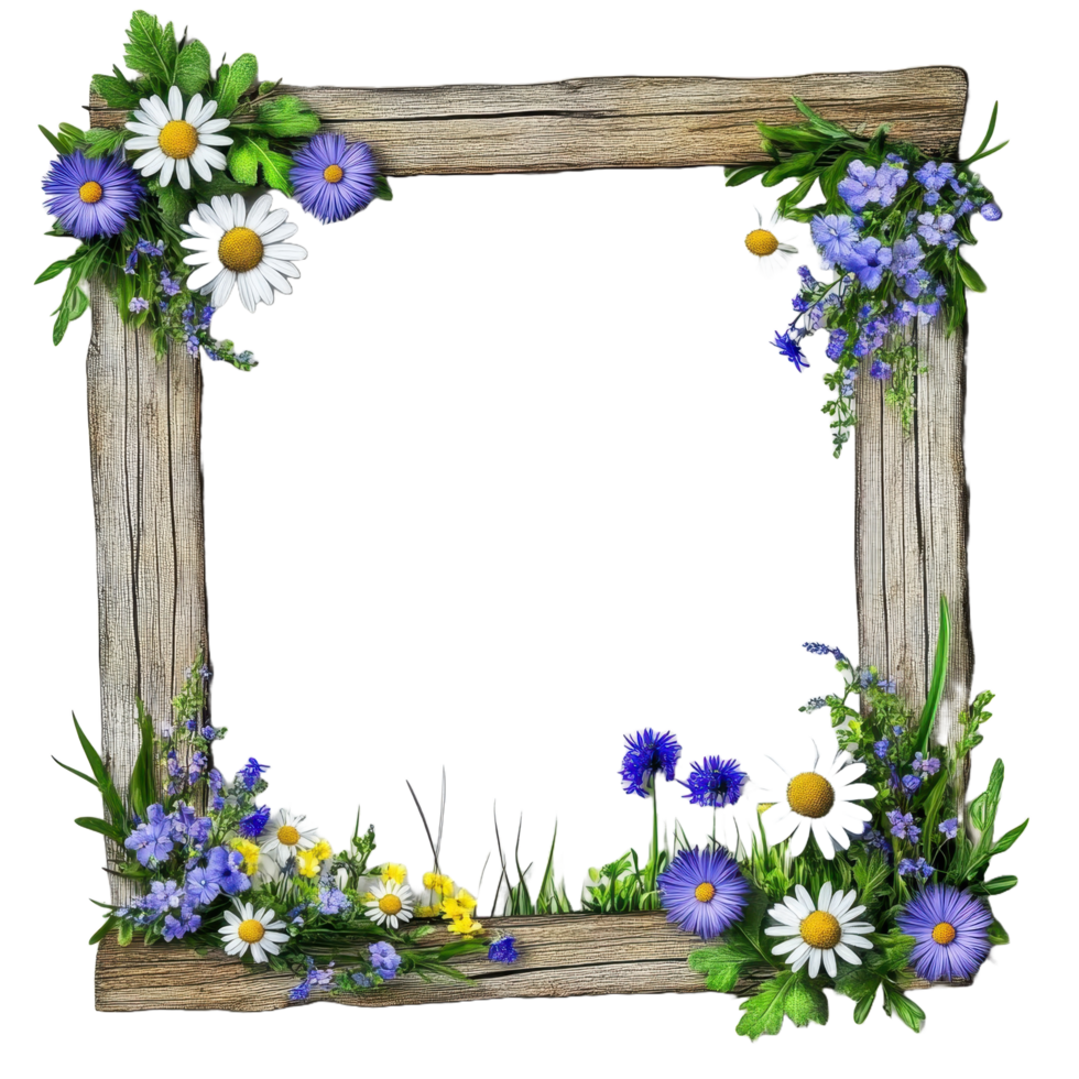 Decorative wooden frame adorned with colorful flowers and greenery png
