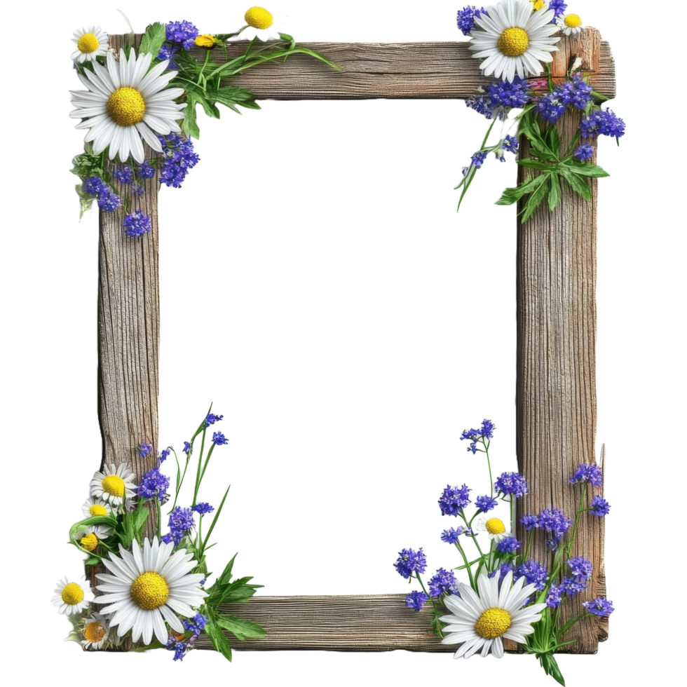 A rustic wooden frame decorated with vibrant flowers and foliage png