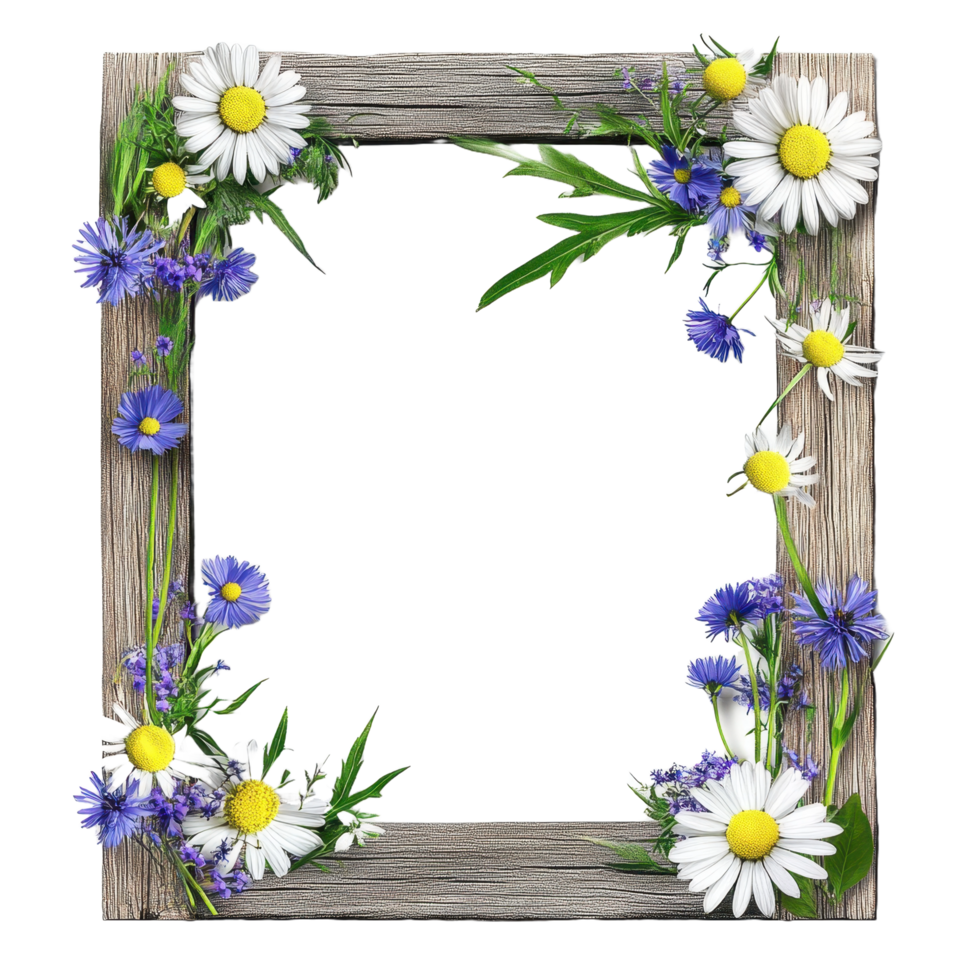 Decorative wooden frame surrounded by flowers and lush greenery png