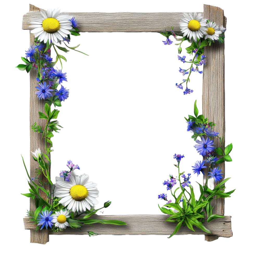 Rustic wooden frame adorned with vibrant flowers and greenery flourishes png