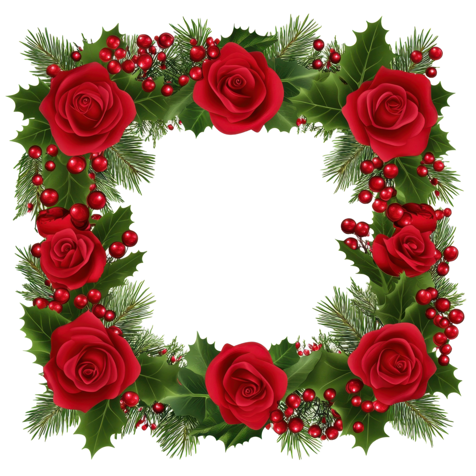 A square floral frame with red roses and red berries png