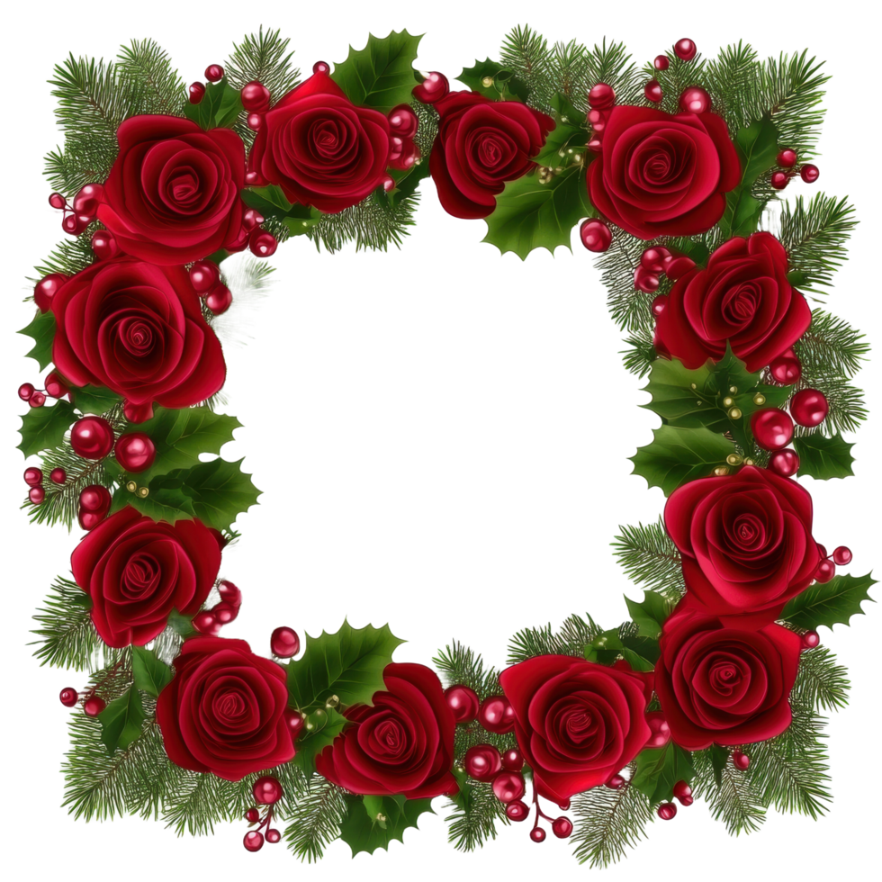 A beautiful square border of roses with festive red berries png