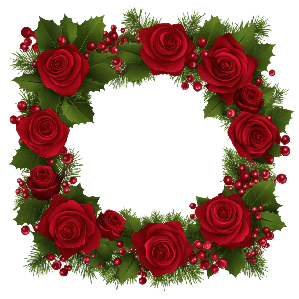 A square floral frame featuring red roses and green foliage png