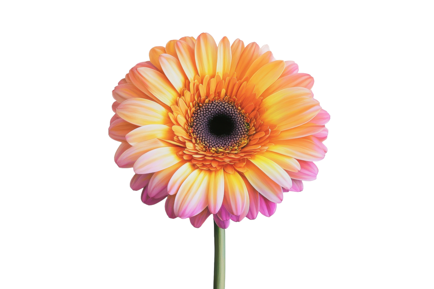 A beautiful single orange and pink daisy with a black center png