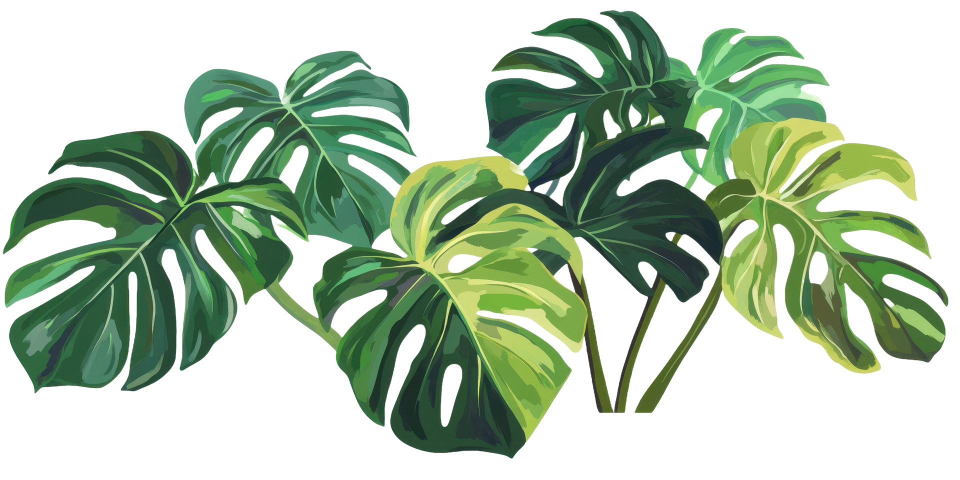 Detailed artistic depiction of several large green plant leaves png