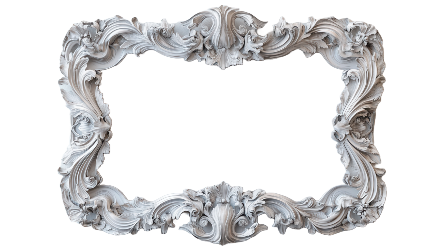 A detailed ornate white rectangular decorative frame with floral designs png