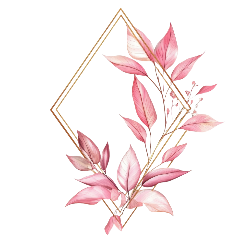 Pink leaves and golden frame create a beautiful design png