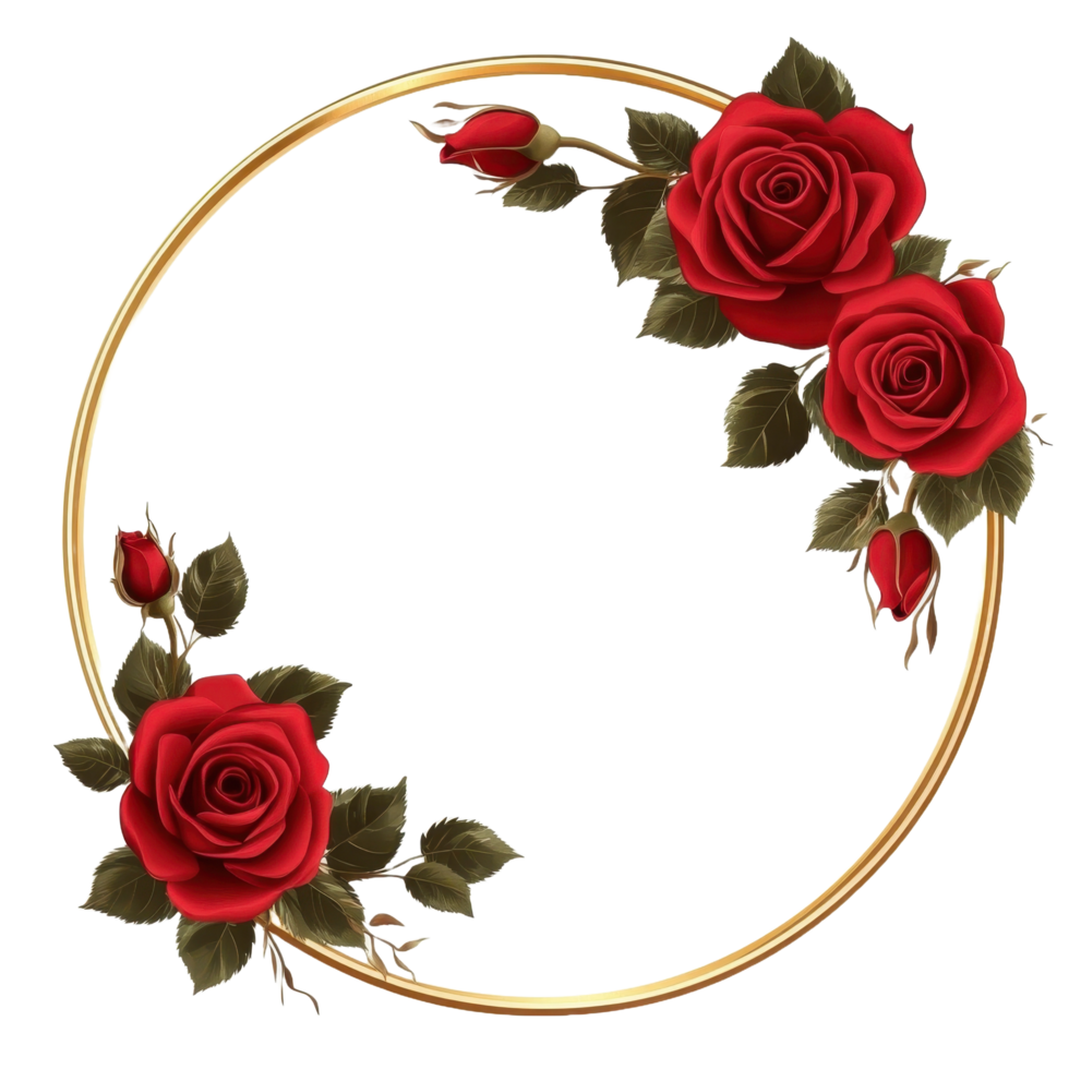 Decorative golden frame containing several beautiful red blooming roses png