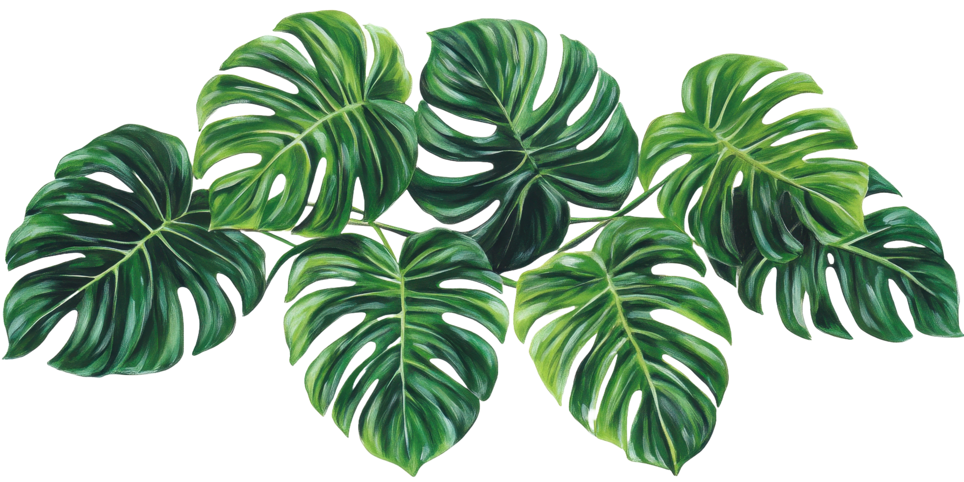 A vibrant painting depicts several large green tropical leaves png