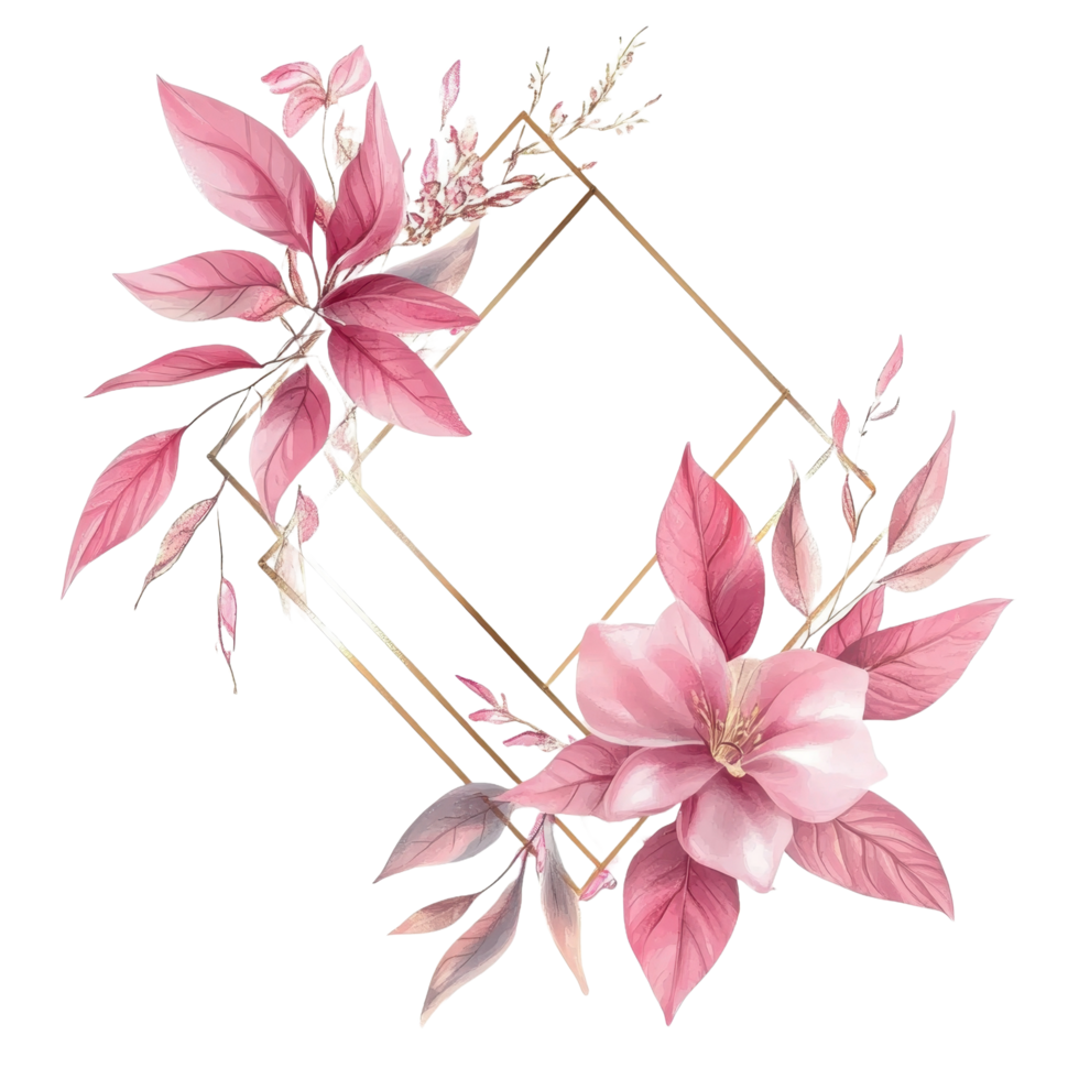 A floral design featuring pink leaves and a flower in geometric frames png