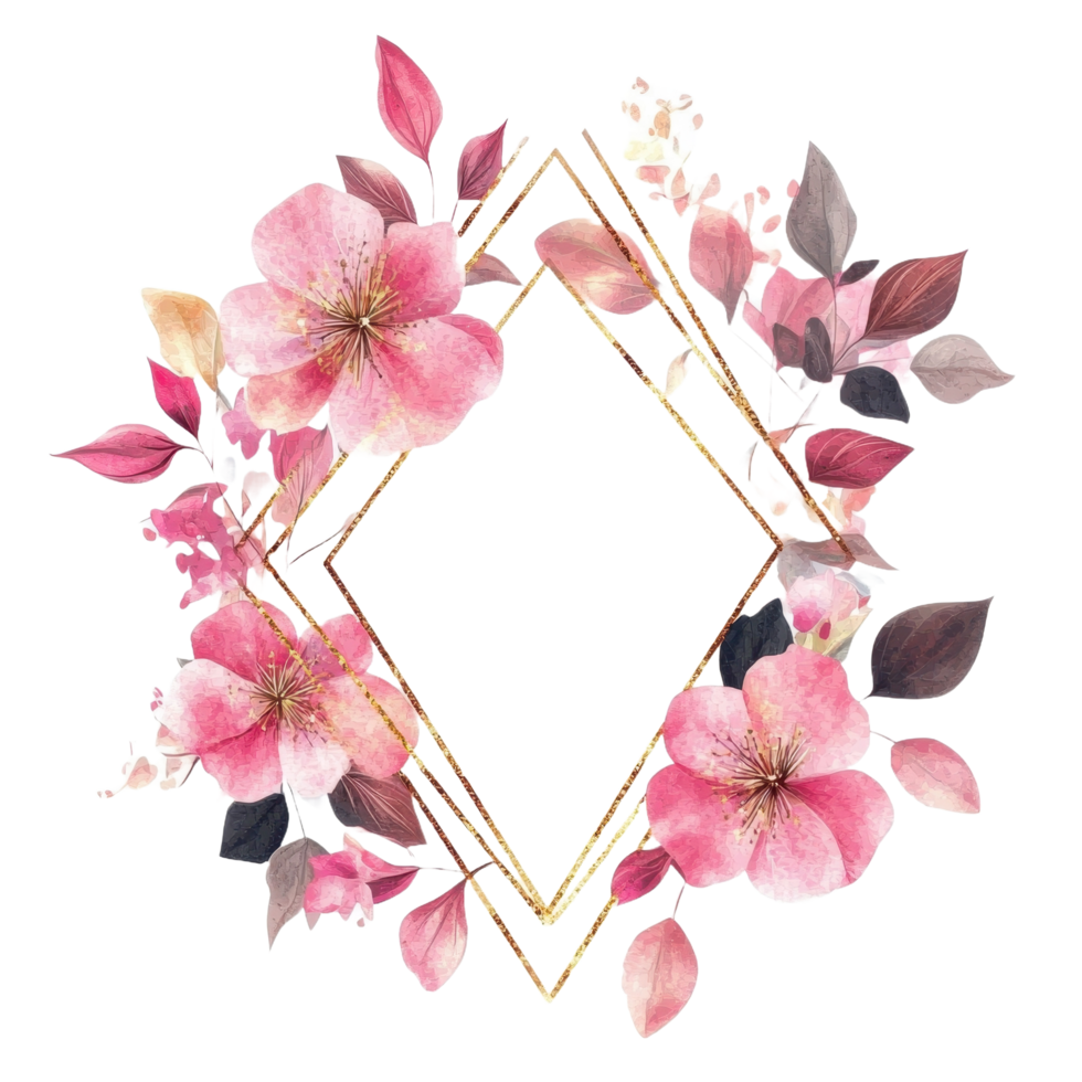 Watercolor floral design featuring pink flowers and gold geometric frame png